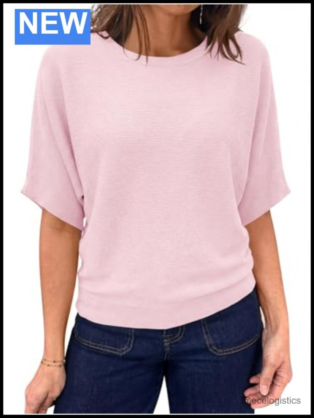 Short Sleeve Sweater Boat Neck Batwing Knit Top